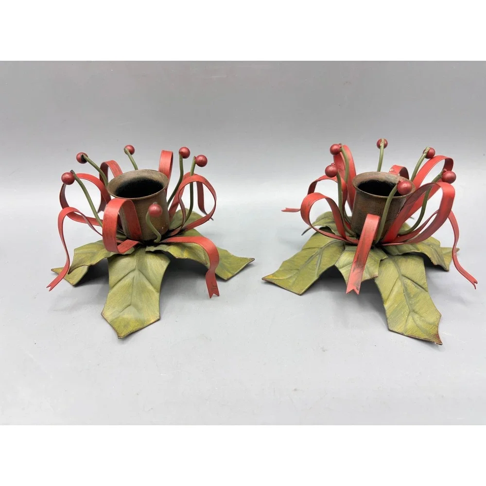 Vintage Metal Holly‎ Berry Christmas Candle Holders Set of 2 Red Green Holiday